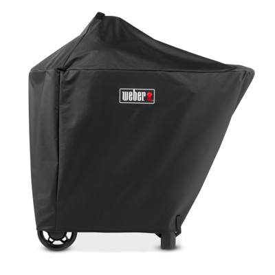 Black Weber Performer cover fitted over a kettle and cart, red Weber badge, wheels and legs showing below the hem