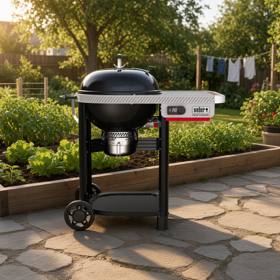 Black Weber Performer Smart kettle on its two-wheeled cart, control panel lit, parked on flagstones by a raised bed