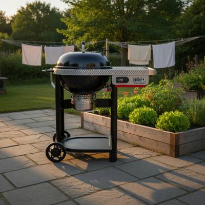 Black Weber Performer Smart kettle on its two-wheeled cart, control panel lit, parked on flagstones by a raised bed