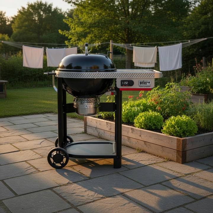 Black Weber Performer Smart kettle on its two-wheeled cart, control panel lit, parked on flagstones by a raised bed