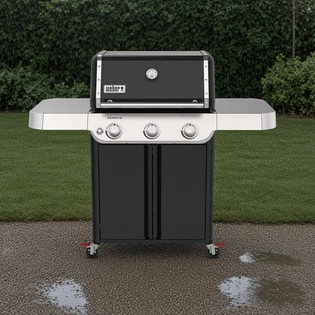 Weber Genesis E-315 front-on on wet gravel, lid closed, three knobs on a stainless panel, red caster locks visible