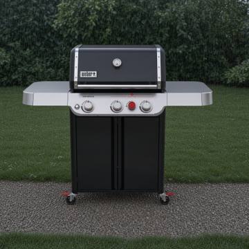 Black Weber Genesis E-325 gas grill on wet gravel beside a lawn, lid closed, hedge behind