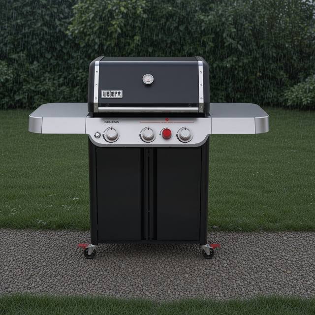 Black Weber Genesis E-325 gas grill on wet gravel beside a lawn, lid closed, hedge behind