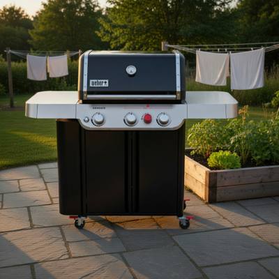 Black Weber Genesis gas grill on a stone patio at dusk, cabinet doors shut, stainless side tables, garden beds behind