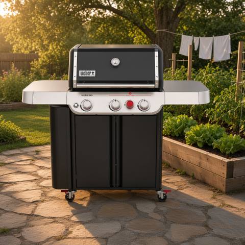 Black Weber Genesis gas grill on a stone patio at dusk, cabinet doors shut, stainless side tables, garden beds behind