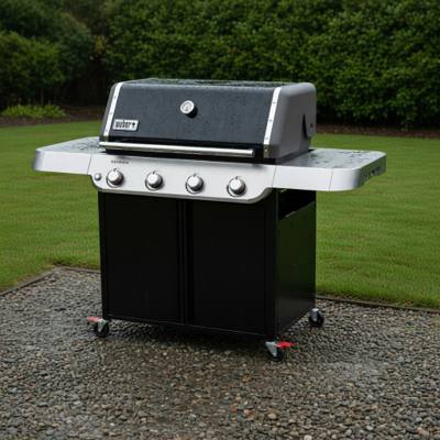 Weber Genesis E-415 four-burner propane grill, black lid beaded with rain, parked on wet gravel