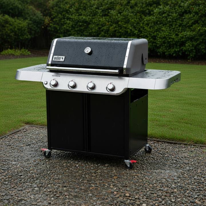 Weber Genesis E-415 four-burner propane grill, black lid beaded with rain, parked on wet gravel