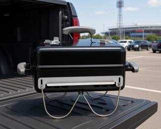Weber Go-Anywhere charcoal grill on a pickup tailgate in a stadium car park, wire legs folded down