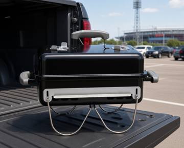 Weber Go-Anywhere charcoal grill on a pickup tailgate in a stadium car park, wire legs folded down