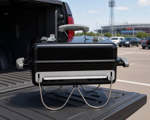 Weber Go-Anywhere charcoal grill on a pickup tailgate in a stadium car park, wire legs folded down