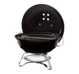 Weber Jumbo Joe 18 in black with its lid held open beside the bowl, plated grate inside, short wire legs and ash pan below