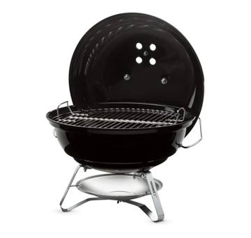 Weber Jumbo Joe 18 in black with its lid held open beside the bowl, plated grate inside, short wire legs and ash pan below