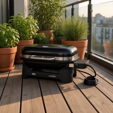 Black Weber Lumin Compact on balcony decking, lid shut, chrome handle, coiled cord, potted herbs behind