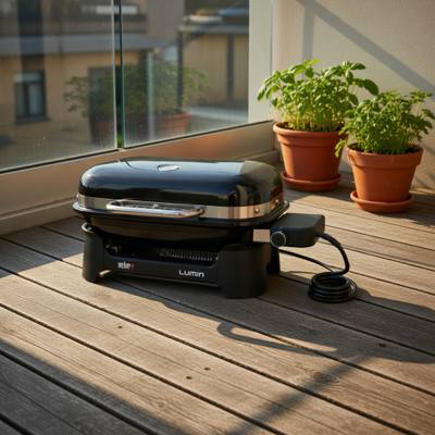 Black Weber Lumin Compact on balcony decking, lid shut, chrome handle, coiled cord, potted herbs behind
