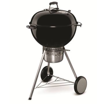 Black Weber Master-Touch 22 inch kettle on three legs with two wheels, a wire shelf and an enclosed ash catcher