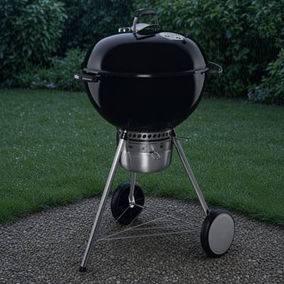 Weber Master-Touch 22 inch kettle on gravel beside a lawn, lid closed, ash catcher below the bowl