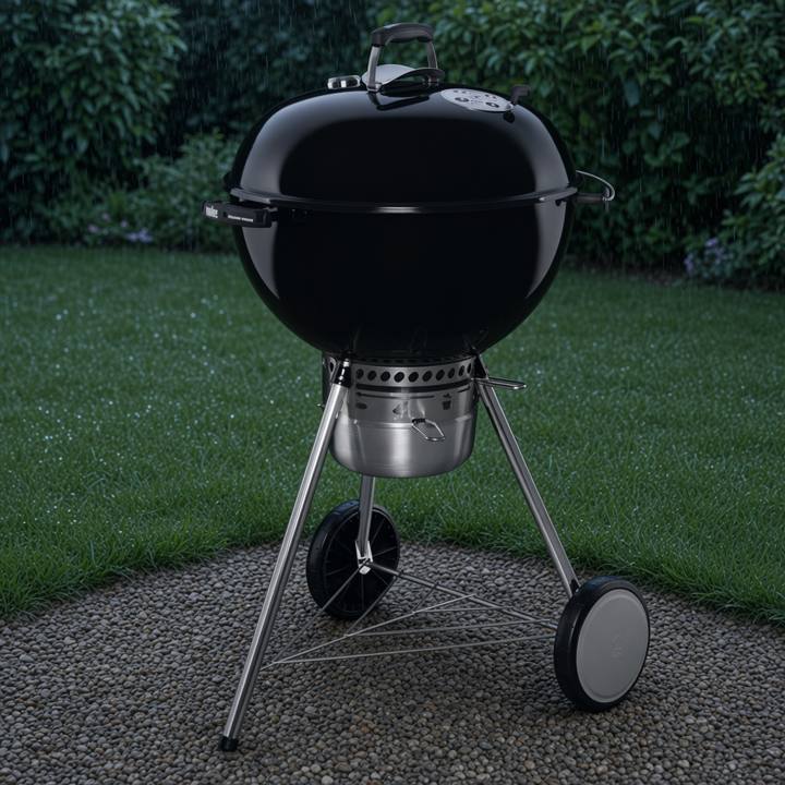 Weber Master-Touch 22 inch kettle on gravel beside a lawn, lid closed, ash catcher below the bowl