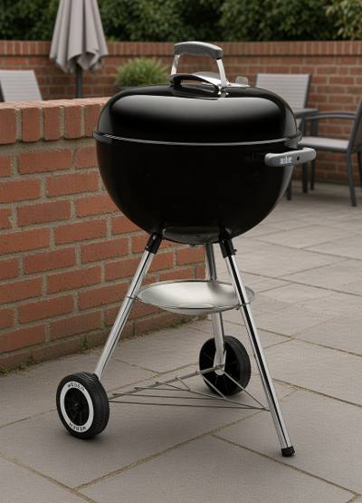 Weber Original Kettle 18 inch on grey paving beside a low brick wall, lid closed