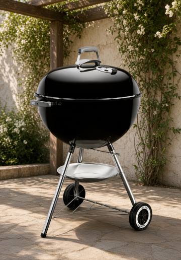Black Weber kettle, lid closed with the lid damper showing, on chrome legs and two Weber wheels on flagstone