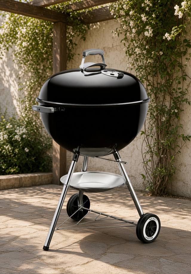 Black Weber kettle, lid closed with the lid damper showing, on chrome legs and two Weber wheels on flagstone