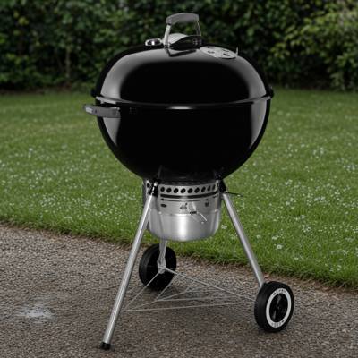 Weber Original Kettle Premium 22 inch on gravel beside a lawn, lid closed, ash catcher below the bowl