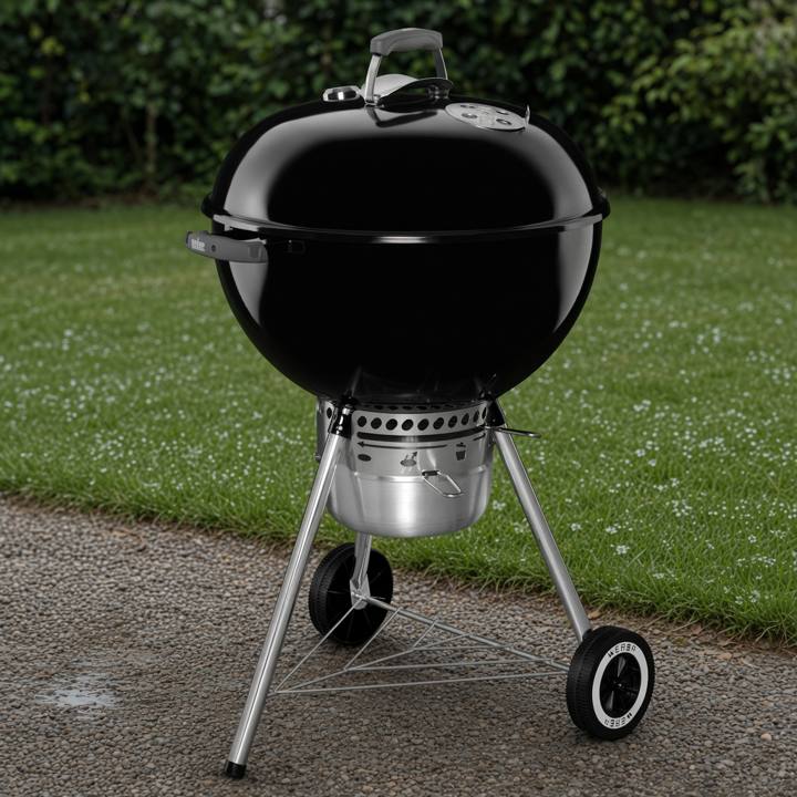 Weber Original Kettle Premium 22 inch on gravel beside a lawn, lid closed, ash catcher below the bowl