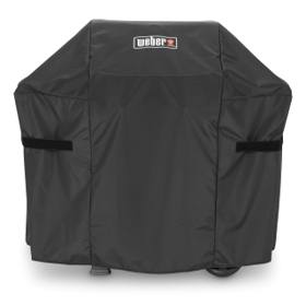 Black Weber Premium Grill Cover on a Spirit gas grill, Weber badge on top, side straps and casters below the hem