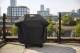 Weber Premium Grill Cover on a Spirit grill on a rooftop deck, city buildings behind, hem ending above the wheels
