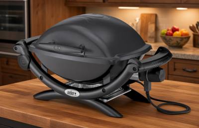 Weber Q 1400 electric grill in dark grey on a butcher block kitchen island, lid closed