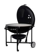 Weber Ranch Kettle 37 with the lid tucked open behind the bowl, full stainless hinged grate in view