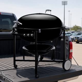Weber Ranch Kettle 37 charcoal grill on its steel cart, loaded on a pickup tailgate in a car park