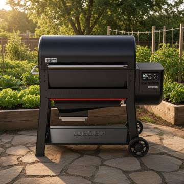 Black Weber Searwood pellet grill on flagstones by a raised vegetable bed, hopper and lit controller on the right
