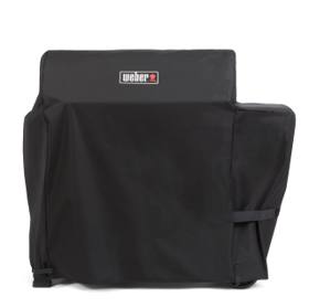 Black Weber cover drawn over a Searwood pellet grill, shaped lower over the hopper, with a strap at the side