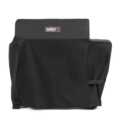 Black Weber cover drawn over a Searwood pellet grill, shaped lower over the hopper, with a strap at the side