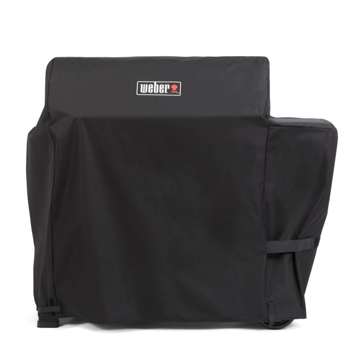Black Weber cover drawn over a Searwood pellet grill, shaped lower over the hopper, with a strap at the side