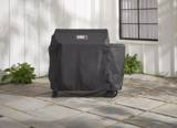Covered Searwood XL 600 standing on a stone patio beside a white wall, potted plants on either side