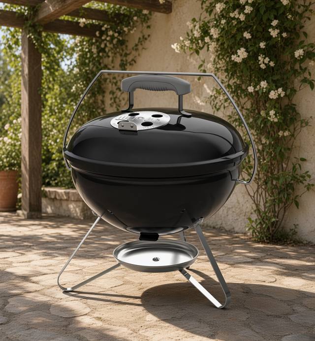 Black Weber Smokey Joe 14 kettle on a patio, lid on, chrome bail handle raised, silver ash catcher below the tripod legs