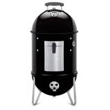Weber Smokey Mountain Cooker 14 in black, its stainless access door, lid thermometer and three legs