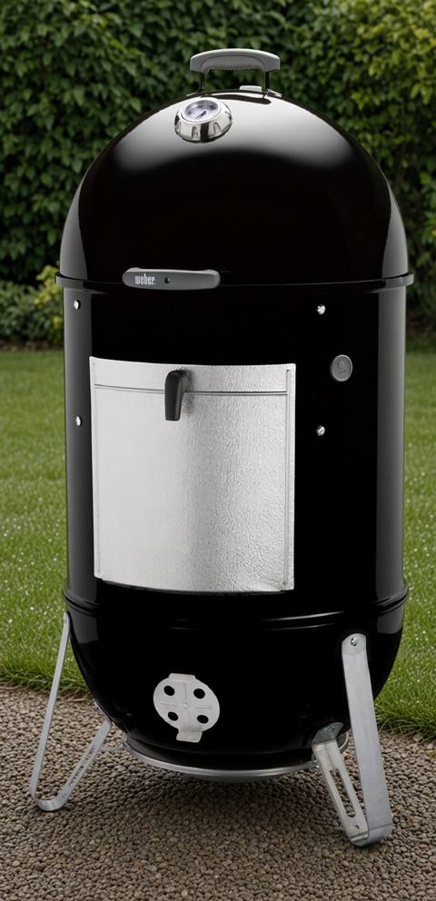 Weber Smokey Mountain Cooker Smoker 22 standing on gravel, black barrel, aluminum fuel door, lid thermometer