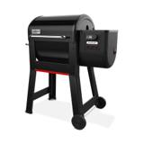 Weber Smoque pellet smoker from the right, side hopper and digital controller in view above two wheels