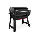 Weber Smoque XL from the front left on white, side handle folded out, hopper and controller at the right end