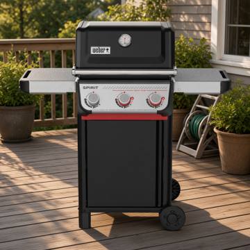 Weber Spirit E-325 front-on on a timber deck, lid closed, three control knobs and a red Sear Zone strip