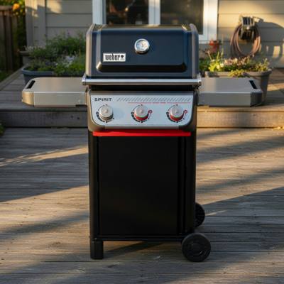 Weber Spirit E-325 front-on on a timber deck, lid closed, three control knobs and a red Sear Zone strip