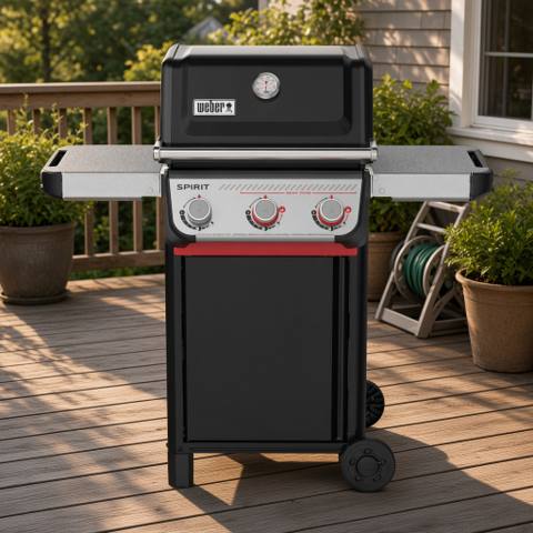 Weber Spirit E-325 front-on on a timber deck, lid closed, three control knobs and a red Sear Zone strip