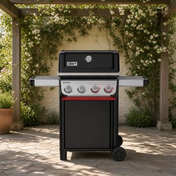 Weber Spirit E-425 on a stone terrace under a pergola, lid closed, four knobs with two red Sear Zone knobs