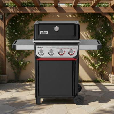Weber Spirit E-425 on a stone terrace under a pergola, lid closed, four knobs with two red Sear Zone knobs