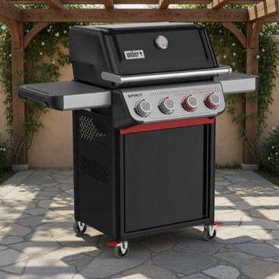 Weber Spirit E-425C on flagstone under a pergola, lid closed, four swivel casters with red lock levers