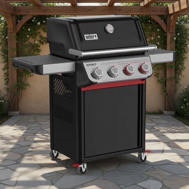 Weber Spirit E-425C on flagstone under a pergola, lid closed, four swivel casters with red lock levers