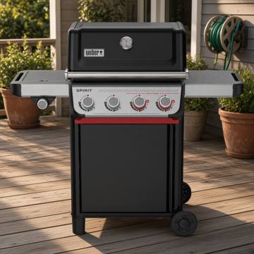 Weber Spirit E-435 on a timber deck at dusk, lid closed, four panel knobs and the side burner knob at left