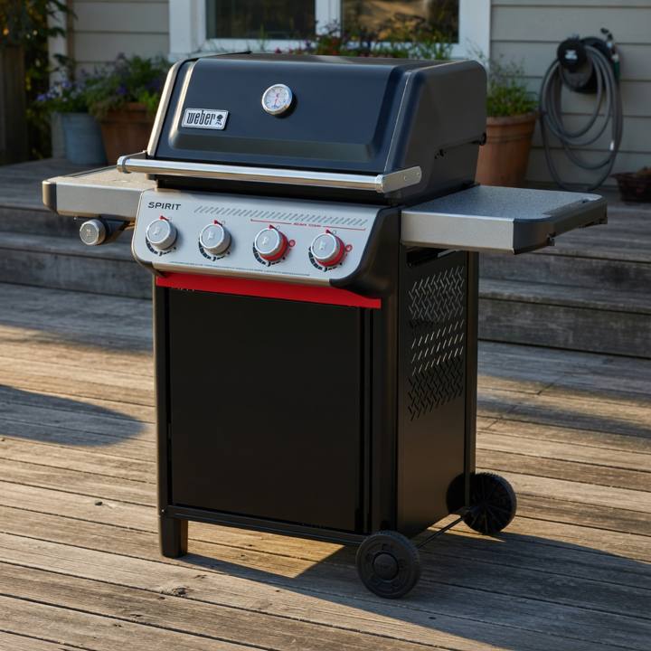Weber Spirit E-435 on a timber deck at dusk, lid closed, four panel knobs and the side burner knob at left